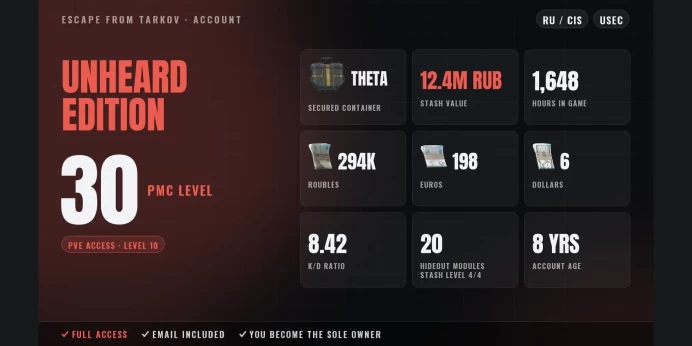 Unheard Edition | RU/CIS ⚡ LVL 30 ⭐ Theta ✨ PvE LVL 10 ✅ 1648h ⚡ Stash 12.4M RUB ⭐ 294K RUB + 198 EUR + 6 USD ✨ Full Access