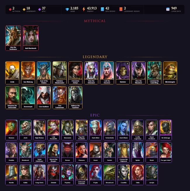 [STARTER][Double Mythical]Alaz+Thor Faehammer+Nell+Artak+Wukong+Scyl+Rathalos+Adelyn+Visix+Loki+Skeletor+Alice+Leminisi+37Epics