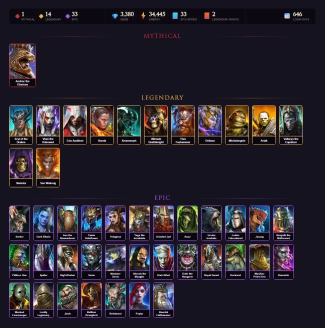 [STARTER]Androc+Thor Faehammer+Scyl+Visix+Dorothy Gale+Ezio+Ronda+Xenomorph+Deathknight+Deliana+Michelangelo+Artak+33Epics