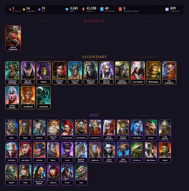 [STARTER]Ash'nar+Thor Faehammer+Dorothy Gale+Leminisi+Alice+Skeletor+Adelyn+Scyl+Vallaryn the Equalizer+Skeletor+Visix+31Epics