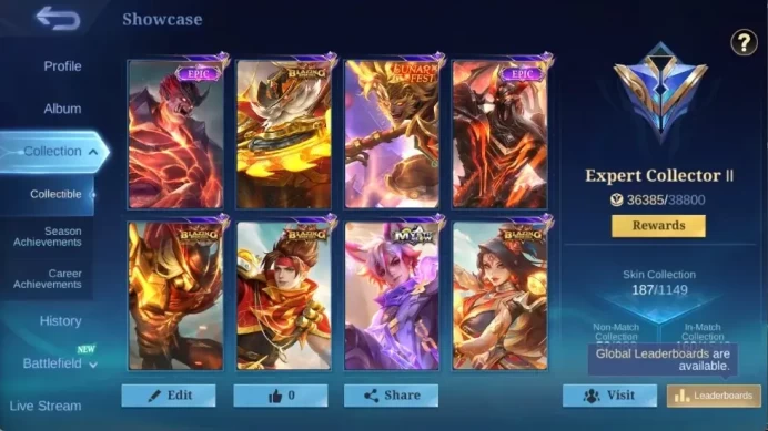 Global|187S|Expert|LUNARFEST Sun,Blazing Franco Aldous Claude Esmeralda,CC Natalia,Epic Balmond Zilong,etc| ML3107B