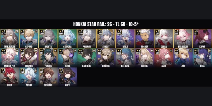 [ALL DEVICES] [Asia] TL 60 ⚡ 26 Characters ⭐ 10 5-Star ✨ Cerydra ✅ Phainon ⚡ Sunday ⭐ Bronya ✨ Bailu ✅ Gepard ⚡ Archer ⭐ Evanescia ✨ Kafka