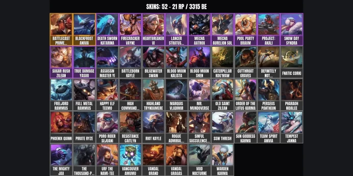 [MENA] 52 skins ⚡ 142 champions ✨ 3315 BE ⭐ Level 108 ✨ Battlecast Prime Cho'Gath ✅ Blackfrost Anivia ⚡ Heartbreaker Vi ⭐ Firecracker Vayne