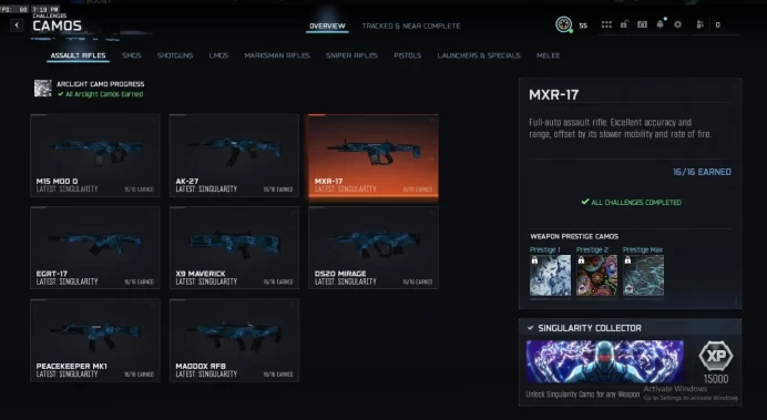  Prestige 6 /  30x Singularity Camo   440+ Camos   Level 55  / 30x Weapons Unlocked   Very Nuclear Nuke CC   10+ Operators   Full Acc
