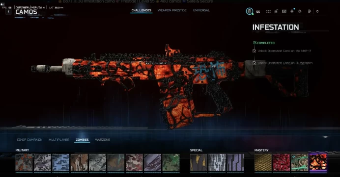  Bo7 |   30 Infestation camo   Prestige 1 Level 55  /  480 camos   Safe & Secure   Full Access   Linkable to STEAM • BNET • XBOX • PSN