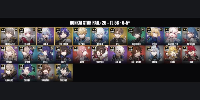 [ALL DEVICES] [Asia] TL 56 ✨ 26 Characters ✅ 6 5-Star ⚡ Dr. Ratio ⭐ Jingliu ✨ Bailu ✅ Gepard ⚡ Clara ⭐ Welt ✨ Tingyun ✅ Lynx ⚡ Dan Heng ⭐ Serval
