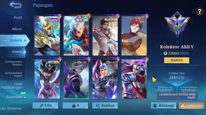 Hero 70|Skin 111|High Glory 56|Metro Zero X-Borg,Naruto Vale,Seiya Badang,Lightborn Granger,Myst Julian,etc|Take Mail(MLBB2524)