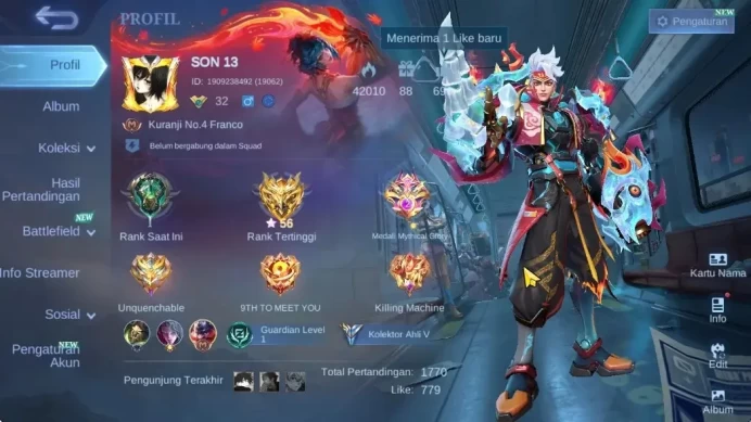 Hero 70|Skin 111|High Glory 56|Metro Zero X-Borg,Naruto Vale,Seiya Badang,Lightborn Granger,Myst Julian,etc|Take Mail(MLBB2524)