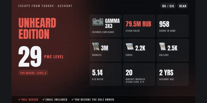 Unheard Edition | RU/CIS ✅ LVL 29 ⚡ Gamma 3x3 ⭐ PvE LVL 3 ✨ 958h ✅ Stash 79.5M RUB ⚡ 3M RUB + 2.2K EUR + 2.5K USD ⭐ Full Access