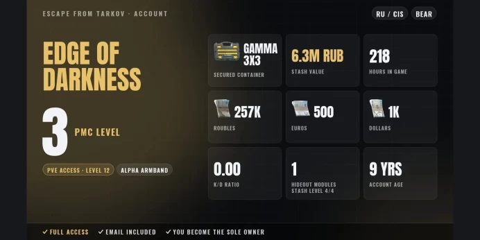 EOD | RU/CIS ✅ Alpha Armband ⚡ LVL 3 ⭐ Gamma 3x3 ✨ PvE LVL 12 ✅ 218h ⚡ Stash 6.3M RUB ⭐ 257K RUB + 500 EUR + 1K USD ✨ Full Access