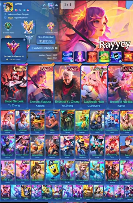 Exalted Collector III | 2 Exorcist Kagura, YZ. 2 Sanrio Angela, Floryn, Kishin Karrie, Aspirant Guinevere and many more! | 312 Skins | 132