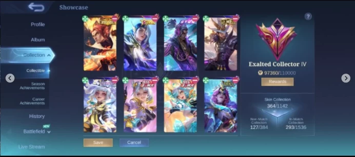SL014|Lvl 68|EXALTED IV|364 SKIN|ALL EMBLEM MAX|FREYA LEGEND|AAMON SOULVESSEL|ITACHI JULIAN|2 COLLECTOR(LESLEY,BADANG)|2 PRIME(GRANGER,YUZHONG)|