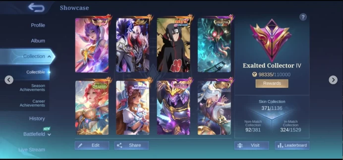 Exalted Collector 371 Skins Legend Fanny Itachi Granger Prime Cool Skins Instant Delivery