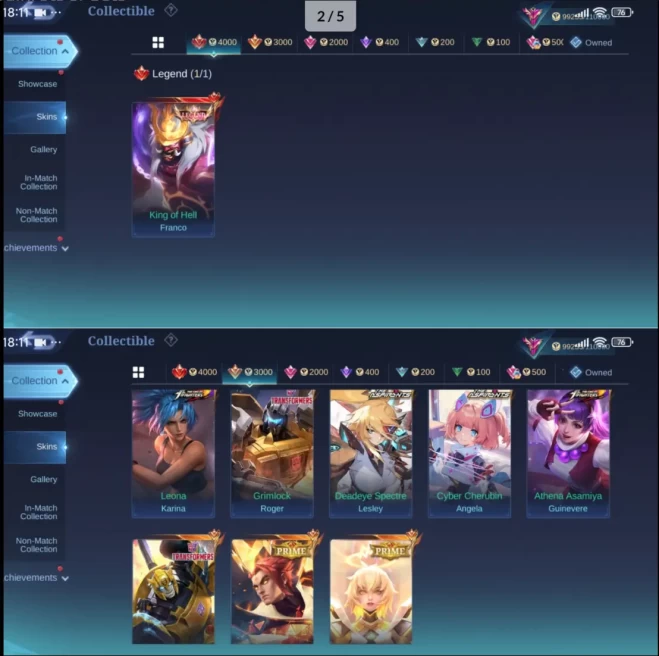 ML-822 Skins 298 [ Legend Franco ] Collector Yuzhong / KOF Guinevere / Aspirants Lesley x Aspirants Angela / Xborg Bumblebe