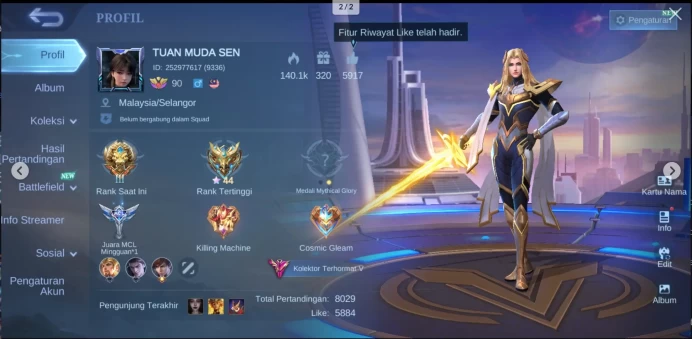 EC352|LV 90|HERO 133|SKIN 309|EXALTED V|GUSION LEGEND|LANCELOT DAWNING|KARINA KOF|FLORYN SANRIO|ROGER TRANSFORMERS|2 KUNGFU PANDA (THAMUZ,LING)|