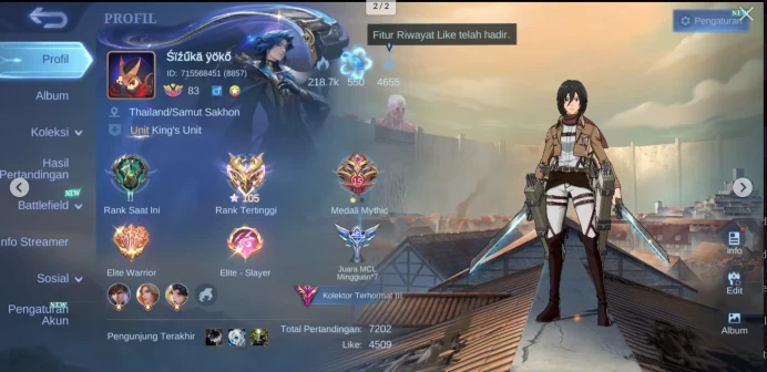 EC353|LV 83|HERO 132|SKIN 369|EXALTED III|GUSION LEGEND|3 KOF (PAQUITO)|2 TRAMSFORMERS(ROGER,ALDOUS)|2 SAINT GOLD (CHOU,VALIR)|2 ATTACK ON TITAN