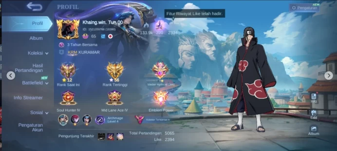 EC385|LV 65|HERO 127|SKIN 330|EXALTED IV|JULIAN ITACHI|JULIAN MEGUMI|BENEDETTA DUCATI|2 KOF (KARINA,AURORA)|2 ANNUAL|3 COLLECTOR (PHARSA)|3 LUCK