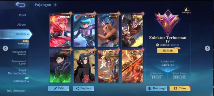 EC385|LV 65|HERO 127|SKIN 330|EXALTED IV|JULIAN ITACHI|JULIAN MEGUMI|BENEDETTA DUCATI|2 KOF (KARINA,AURORA)|2 ANNUAL|3 COLLECTOR (PHARSA)|3 LUCK