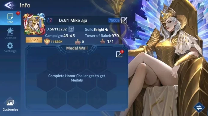 Global 75xx|Lv.81|11689k Power|Camp 49-45|Vip 7|3 Awaken|1 UR [Empyrean Ingrid Collab WoR]|1 Elite Skin|Check SS MLA167B