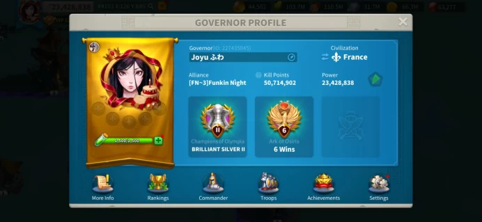 23M Power - Young Account KVK 1 - Pyrrhus 5511, Yi Seong-Gye 5325, Cao Cao 5351 - VIP 12 - 10 Passports - 63K Gems - 796M Mix Resources #570