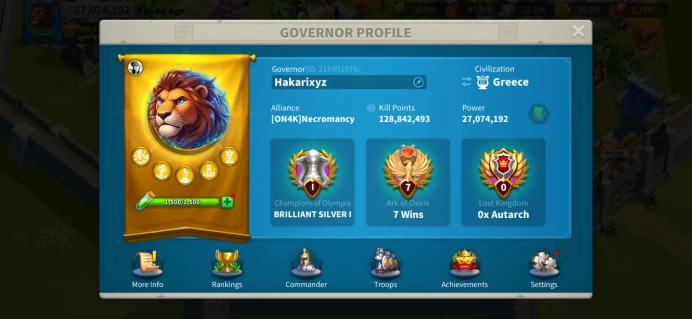 27M Power - KVK 3 - Sun Tzu PRIME Expertise, Bai Qi 5554 - VIP 13 - Limited Avatar - Fighter Account 128M Kill Points, Top 29 in KD 4000 #568