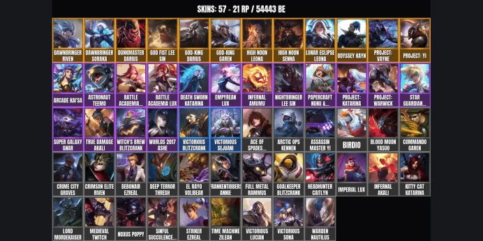 [TR] 57 skins ✨ 95 champions ✅ 54443 BE ✨ Level 253 ⚡ PROJECT: Yi ⭐ High Noon Senna ✨ God Fist Lee Sin ✅ Dawnbringer Riven ⚡ Dawnbringer Soraka