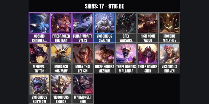 [RU] PLATINUM I ✅ 17 skins ⚡ 80 champions ⭐ 9116 BE ✨ Level 61 ✅ Firecracker Tristana ⚡ Lunar Wraith Sylas ⭐ Cosmic Charger Hecarim