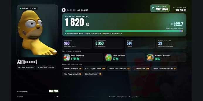 ⚡ 3.4K Robux Spent ⭐ 2025 Reg ✨ Steal a Brainrot 1.8K ✅ 29 Offsale Items
