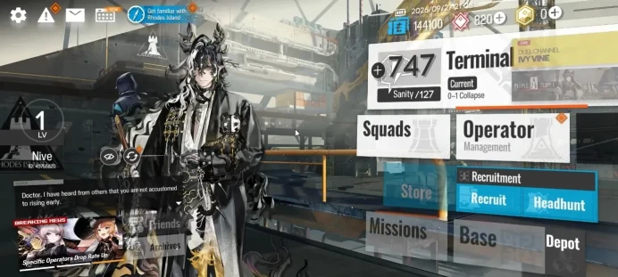 Global Lv 1|33 Total Operator|1 Limited (Wang P2)|Ch'en the Dawnstreak|Snow Hunter,Taraxacum|Terminal 0-1|Take Mail|AK1802