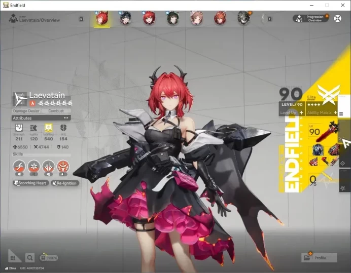 ASIA|Lv 54|7 SSR 3 Limited + 8 (*6 Weapon)|Laevatain+Signature,Zhuang Fangyi,Typhoeus|3 Wp Supply|Female MC|Take Mail|END2528