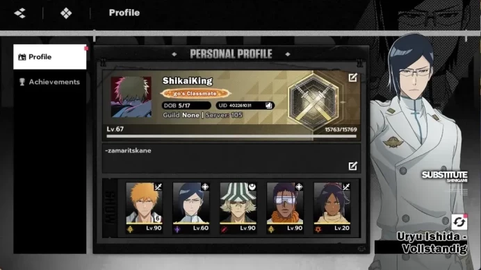 Nuverse SEA |Lv.67|7 SSR 3 Sign(IchigoDZ B6,Byakuya B1,Madarame B2,Yoruichi,Urahara,Tosen,Uryu)+Stamp|Log Facebook| BSR198B