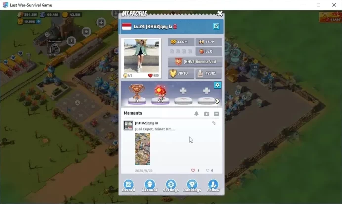 Sv 2301|Power 33M|HQ 24|VIP 10|10,800 Gold Bricks|Drone Lv90|SQ 1: 8.30M,SQ 2: 5.45M,SQ 3: 4.62M|Log Email&Google|Check SS|LW814