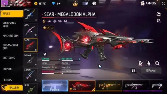 Indo|4 EVO M1887 Sterling Lv7,SCAR Megalodon Lv7,MP40 Predatory Cobra,M60 Dreambreaker|458 Vault 200 Bundle|Log Google|(FF1574)
