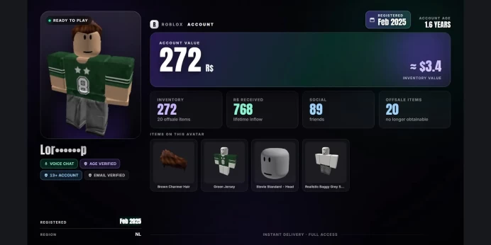 ⚡ 768 Robux Spent ⭐ 2025 Reg ✨ Age 13+ ✅ Voice Chat ⚡ 20 Offsale Items