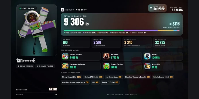 ✅ 33K Robux Spent ⏳ 2022 Reg ⚡ Steal a Brainrot 4.8K ⭐ Ink Game 2.7K ✨ Rivals 1.2K ✅ 2.5K Inventory Value ⚡ 70 Offsale Items ⭐ 100 Robux Balance