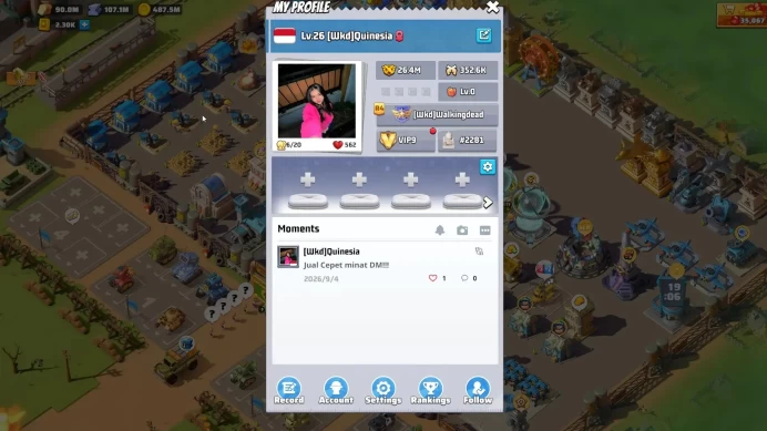 Sv 2281|26,4M Power|HQ 26|VIP 9|2,300 Gold Bricks|Drone Lv 81|SQ1: 8.98M, SQ2: 5M, SQ3: 4M|Log Email + Google|Check SS|LW816