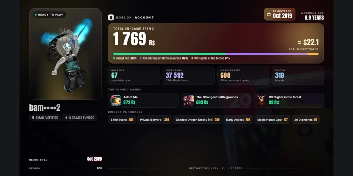 ⚡ 1.8K Robux Spent ⭐ 2019 Reg ✨ Adopt Me 972 ✅ The Strongest Battlegrounds 698 ⚡ 38K Inventory Value ⭐ 176 Offsale Items ✨ 67 Robux Balance