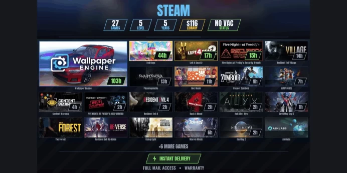 【27 Games✨$116】 Resident Evil Village, Phasmophobia, Fall Guys, Left 4 Dead 2, Five Nights at Freddy's: Security Breach, Rec Room