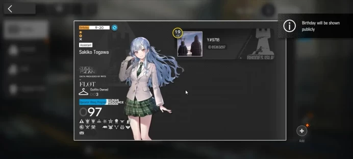 Global Lv 19|97 Operator +3 Outfits|2 Limited (Sakiko Togawa,Exusiai Alter) Ch'en Alter Etc|Terminal TR-11|Take Mail|AK1806