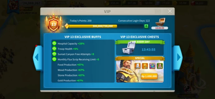 24M Power - Mid KVK 1 KD 4107 - Thutmose 5511, YSG 5522, 102 Gold Heads - VIP 13 - 56k Gems - 1.6bn RSS, 247 Days Speedup, Heliamber Supply #571