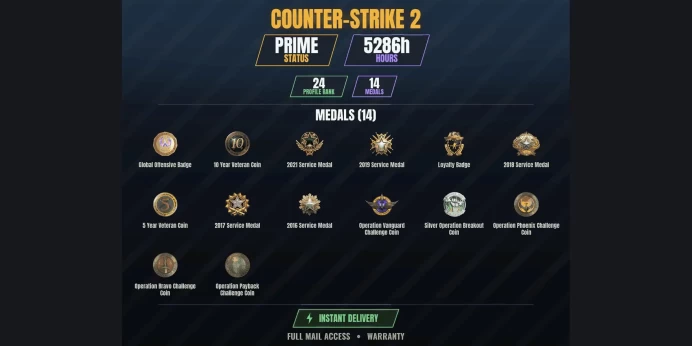 【24 Games】【CS2 Prime Premier⭐5286h✨14 MEDALS✅24 LVL】 10 Year Veteran Coin, Silver Operation Breakout Coin, 2016 Service Medal | Fall Guys
