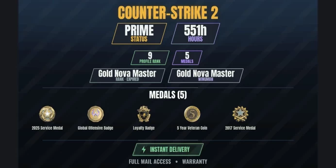 【2 Games】【CS2 Prime Premier⚡551h⭐5 MEDALS✨9 LVL】 2017 Service Medal, 2025 Service Medal, Loyalty Badge, 5 Year Veteran Coin | Paladins