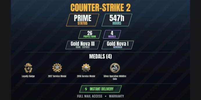 【5 Games】【CS2 Prime Premier✨547h⚡4 MEDALS⭐26 LVL】 Silver Operation Wildfire Coin, 2016 Service Medal, 2017 Service Medal, Loyalty Badge