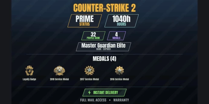 【16 Games✨$183】【CS2 Prime Premier✅1040h⚡4 MEDALS⭐32 LVL】 2016 Service Medal, 2017 Service Medal, 2018 Service Medal, Loyalty Badge