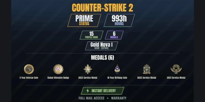 【10 Games】【CS2 Prime Premier⭐993h✨6 MEDALS✨15 LVL】 10 Year Birthday Coin, 2021 Service Medal, 2022 Service Medal, 2023 Service Medal