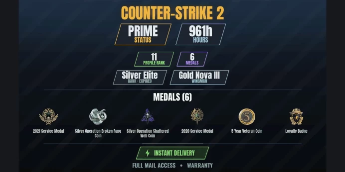 【22 Games】【CS2 Prime Premier✨961h⚡6 MEDALS⭐11 LVL】 Silver Operation Shattered Web Coin, Silver Operation Broken Fang Coin, 2020 Service Medal