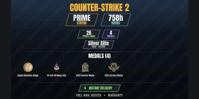 【22 Games✨$114】【CS2 Prime Premier✅758h⚡4 MEDALS⭐26 LVL】 10 Year Birthday Coin, 2021 Service Medal, 2022 Service Medal, Global Offensive Badge