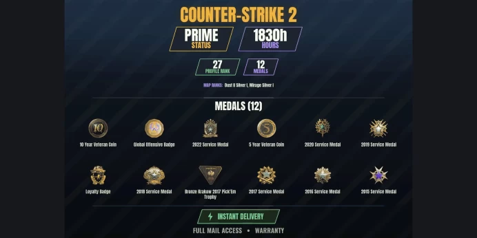 【70 Games】【CS2 Prime Premier✨1830h✅12 MEDALS⚡27 LVL】 10 Year Veteran Coin, Bronze Krakow 2017 Pick'Em Trophy, 2015 Service Medal | DayZ, SCUM