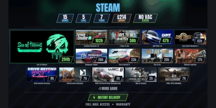 【15 Games✨$214】 Forza Horizon 5, Farming Simulator 22, Chained Together, Sea of Thieves, 7 Days to Die, DiRT Rally 2.0, Euro Truck Simulator 2