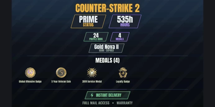 【10 Games】【CS2 Prime Premier✨535h✅4 MEDALS⚡24 LVL】 2019 Service Medal, Loyalty Badge, 5 Year Veteran Coin, Global Offensive Badge | Valheim
